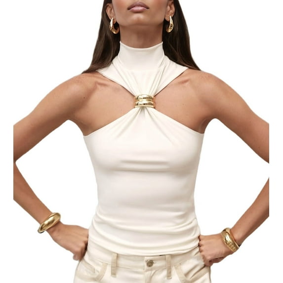 Women Halter Neck Pleated Twist Front Tank Tops Trendy Slim Fit Sleeveless Hollow Out Halter Top Clubwear Cream White M