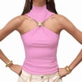 thumbnail image 1 of Women Halter Neck Pleated Twist Front Tank Tops Trendy Slim Fit Sleeveless Hollow Out Halter Top Clubwear Pink S, 1 of 9