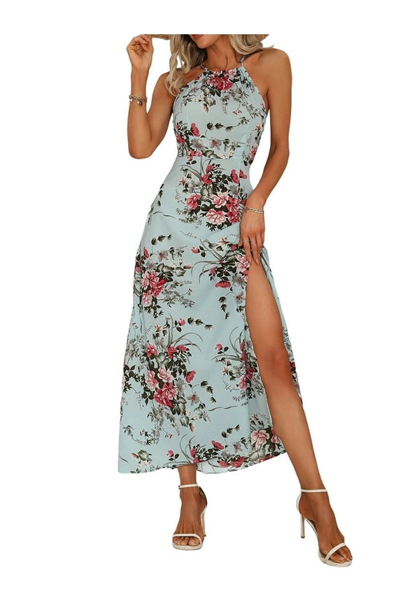Women Halter Neck Printing Split Long Dresses Summer Sleeveless Boho A Line Dress Blue XL