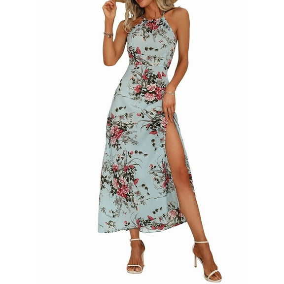 Women Halter Neck Printing Split Long Dresses Summer Sleeveless Boho A Line Dress Blue XL