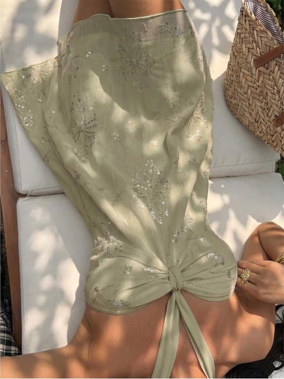 Women Halter Neck Sequin Embroidered Mini Dress, Back Tie Open Back A-Line Dress, Sweet Summer Beach Vacation Dress