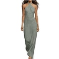 thumbnail image 1 of Women Halter Neck Sleeveless Bodycon Maxi Dress, Solid Color Slim Fit Ruched Long Slip Dress, Elegant Evening Gown Gray L(L), 1 of 5