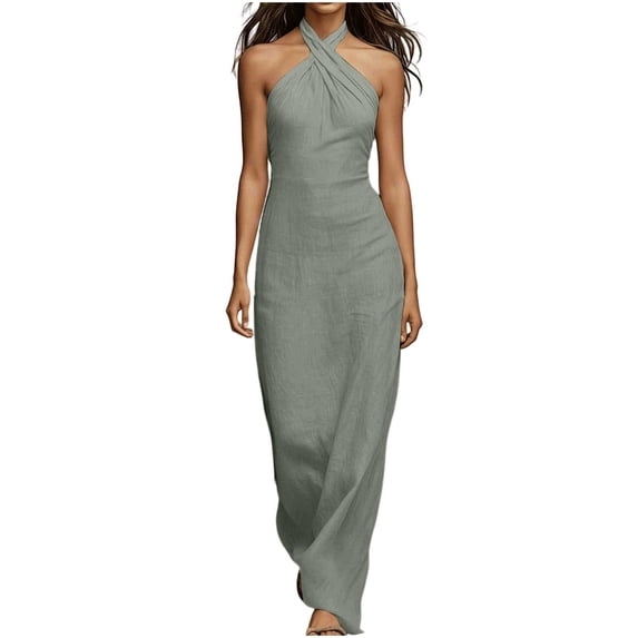 Women Halter Neck Sleeveless Bodycon Maxi Dress, Solid Color Slim Fit Ruched Long Slip Dress, Elegant Evening Gown Gray L(L)