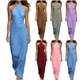 thumbnail image 1 of Women Halter Neck Sleeveless Bodycon Maxi Dress, Solid Color Slim Fit Ruched Long Slip Dress, Elegant Evening Gown Light Blue XL(XL), 1 of 5