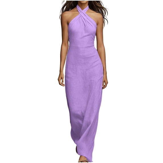 Women Halter Neck Sleeveless Bodycon Maxi Dress, Solid Color Slim Fit Ruched Long Slip Dress, Elegant Evening Gown Purple XXL(XXL)
