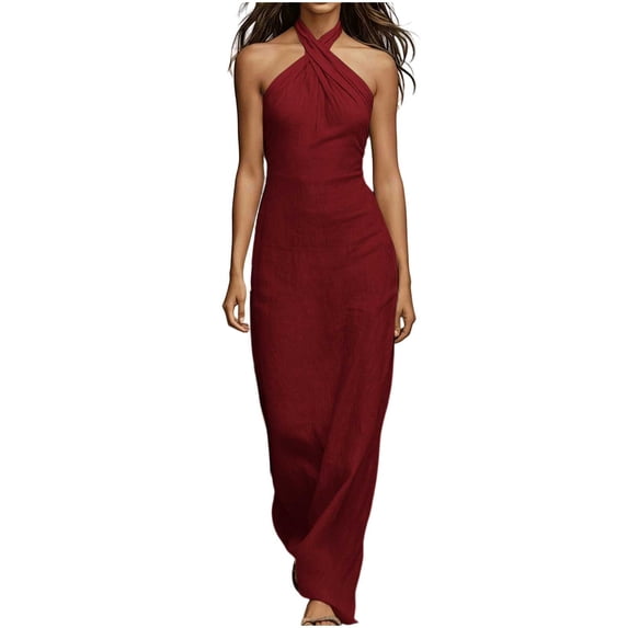 Women Halter Neck Sleeveless Bodycon Maxi Dress, Solid Color Slim Fit Ruched Long Slip Dress, Elegant Evening Gown Wine M(M)