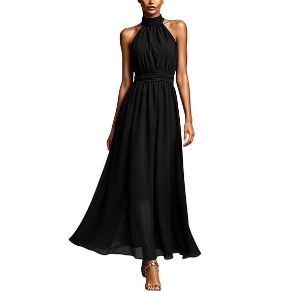 Women Halter Neck Sleeveless Midi Dress, Solid High Waist Flowy A-Line Chiffon Sundress with Side Pockets, Elegant Casual Outfit Black L(L)