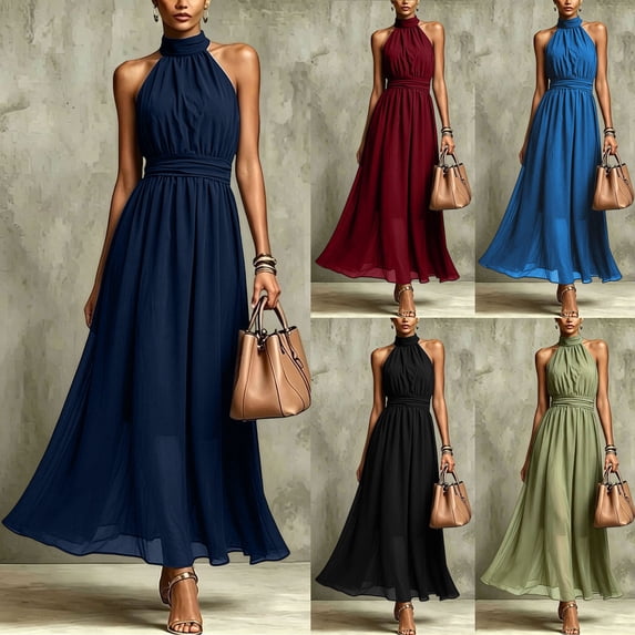 Women Halter Neck Sleeveless Midi Dress, Solid High Waist Flowy A-Line Chiffon Sundress with Side Pockets, Elegant Casual Outfit Navy XS