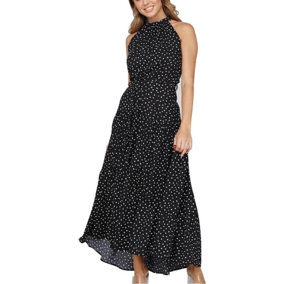 Women Halter Neck Sleeveless Summer Dress Floral Long Maxi Dress Casual Backless Loose Ruffle Sundress