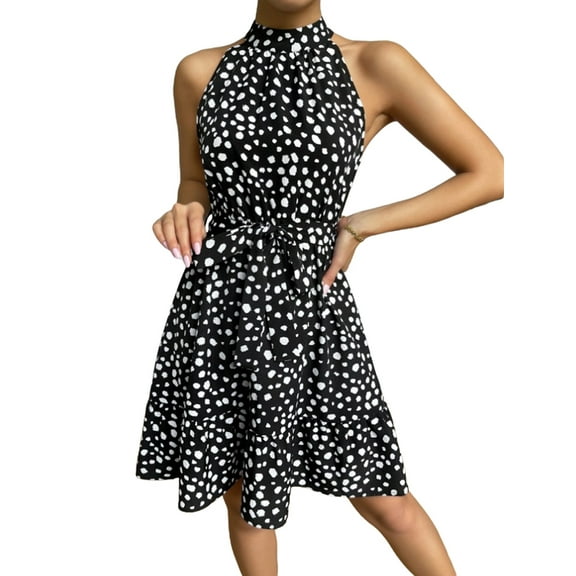 Women Halter Neck Summer Dresses 2025 Summer Casual Sleeveless Polka Dot Ruffle Mini Boho Beach Sun Dress