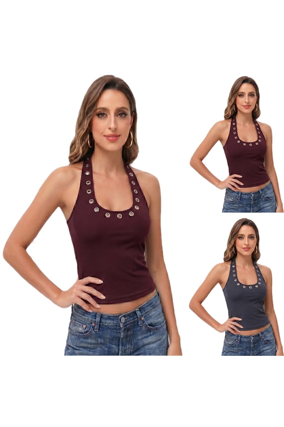 Women Halter Neck Tops Grommet Eyelet Scoop Neck Tank Top Sleeveless Backless Studded Vest, S