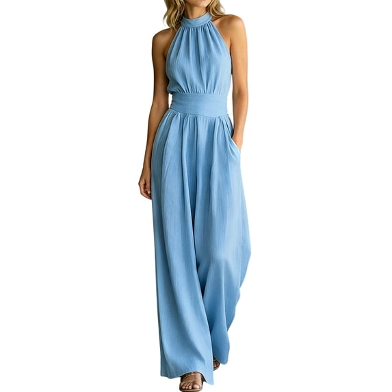 Women Halter Neck Wide Leg Jumpsuit Sleeveless Elegant Waist Cinching Romper,Blue,XL