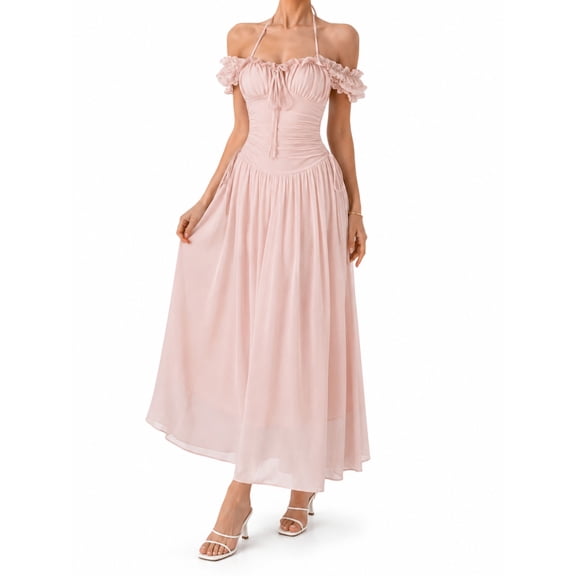 Women Halter Off Shoulder Mesh Maxi Dress Ruched Drawstring Beach Vacation Dress