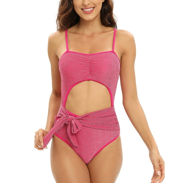 Women Halter One Piece Swimsuit Rave Sparkly Glitter Swimsuit Sexy Cutout Tummy Control Bathing Suit Shiny One Piece Tie Front Padded Monokini Swimwear