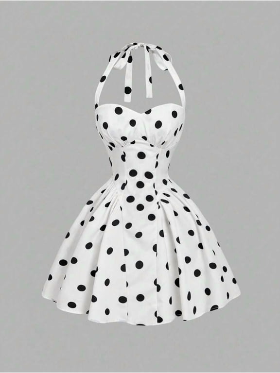 Women Halter Polka Dot Mini Dress, Sweetheart Neck Sleeveless A-Line Short Dress