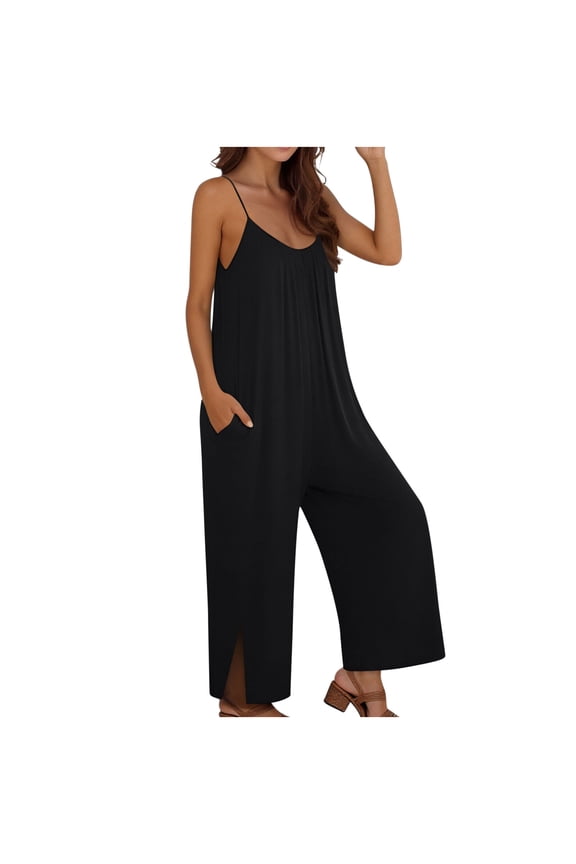 Women Halter Sleeveless Wide Leg Loose Jumpsuit Spaghetti Strap Backless One Piece Flowy Romper Vacation Outfits