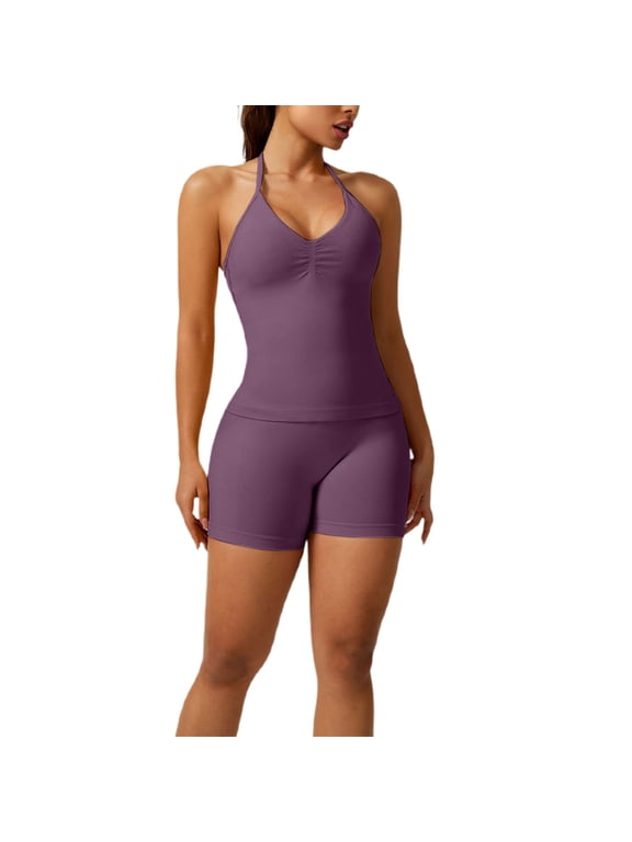 Women Halter Sports 2 Piece Sets Seamless Ruched Sleeveless Yoga Tops Shorts Butt Lifting Workout Set, L