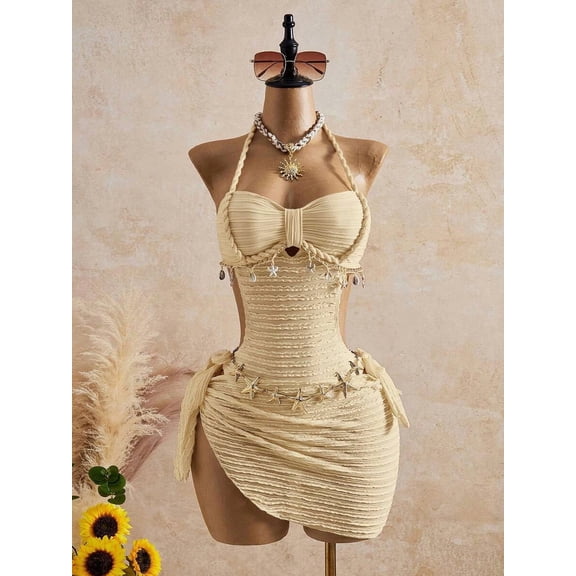 Women Halter Square Neck 2 Piece Swimsuit Set Ruched Skirted Bikini for Vacation Pool Beach Party