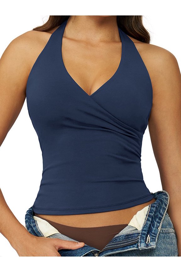 Women Halter Tank Tops Double Lined Basic Shirts Backless Y2K Trendy Going Out Tops Blue L