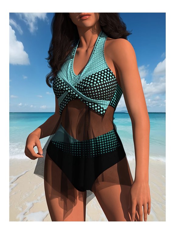 Women Halter Tie Two-Piece Swimsuit, Tummy Control Slimming Mesh Panel Bathing Suit