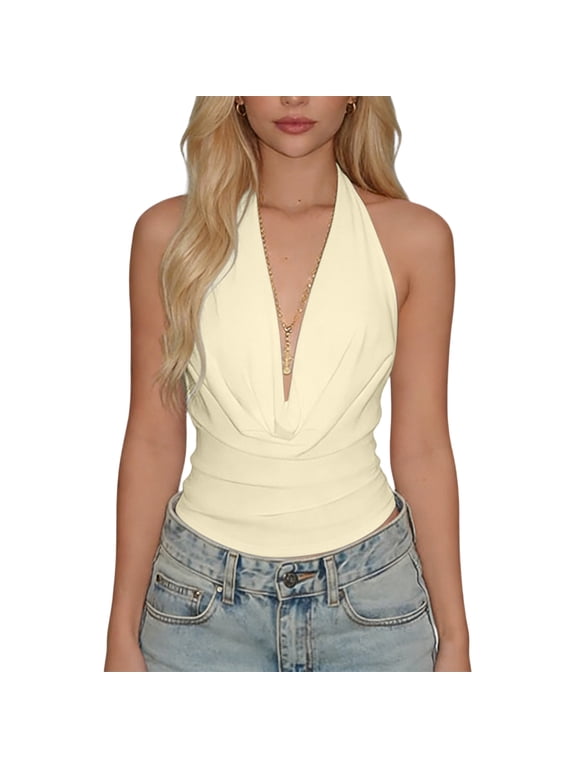 Women Halter Top Backless Tank Tops Cowl Neck Summer Going Out Outfits Cami Tops
