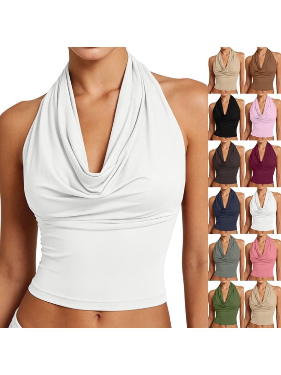 Women Halter Top Sexy Backless Tank Tops Cowl Neck Summer Going Out Outfits Cami Tops (M,White)