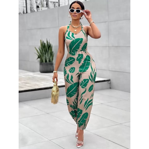 Women Halter Tropical Print Jumpsuit Elastic Waist Jogger Pants Vacation Outfit