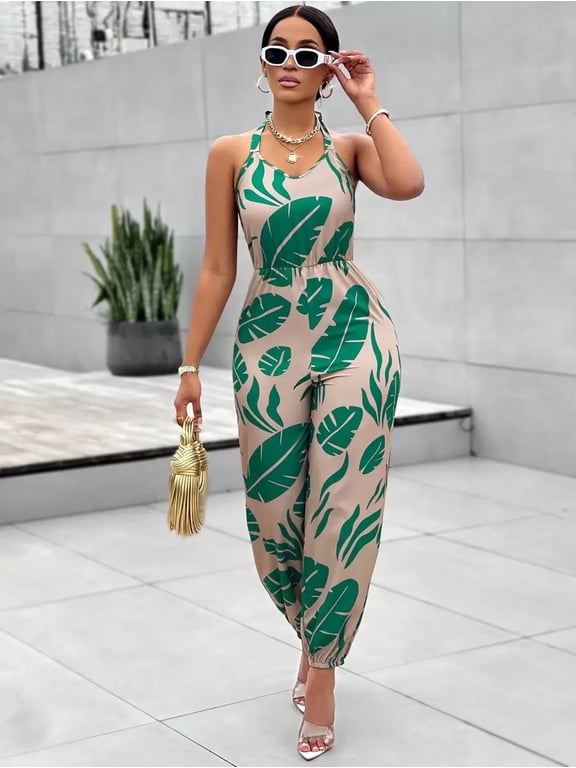 Women Halter Tropical Print Jumpsuit Elastic Waist Jogger Pants Vacation Outfit