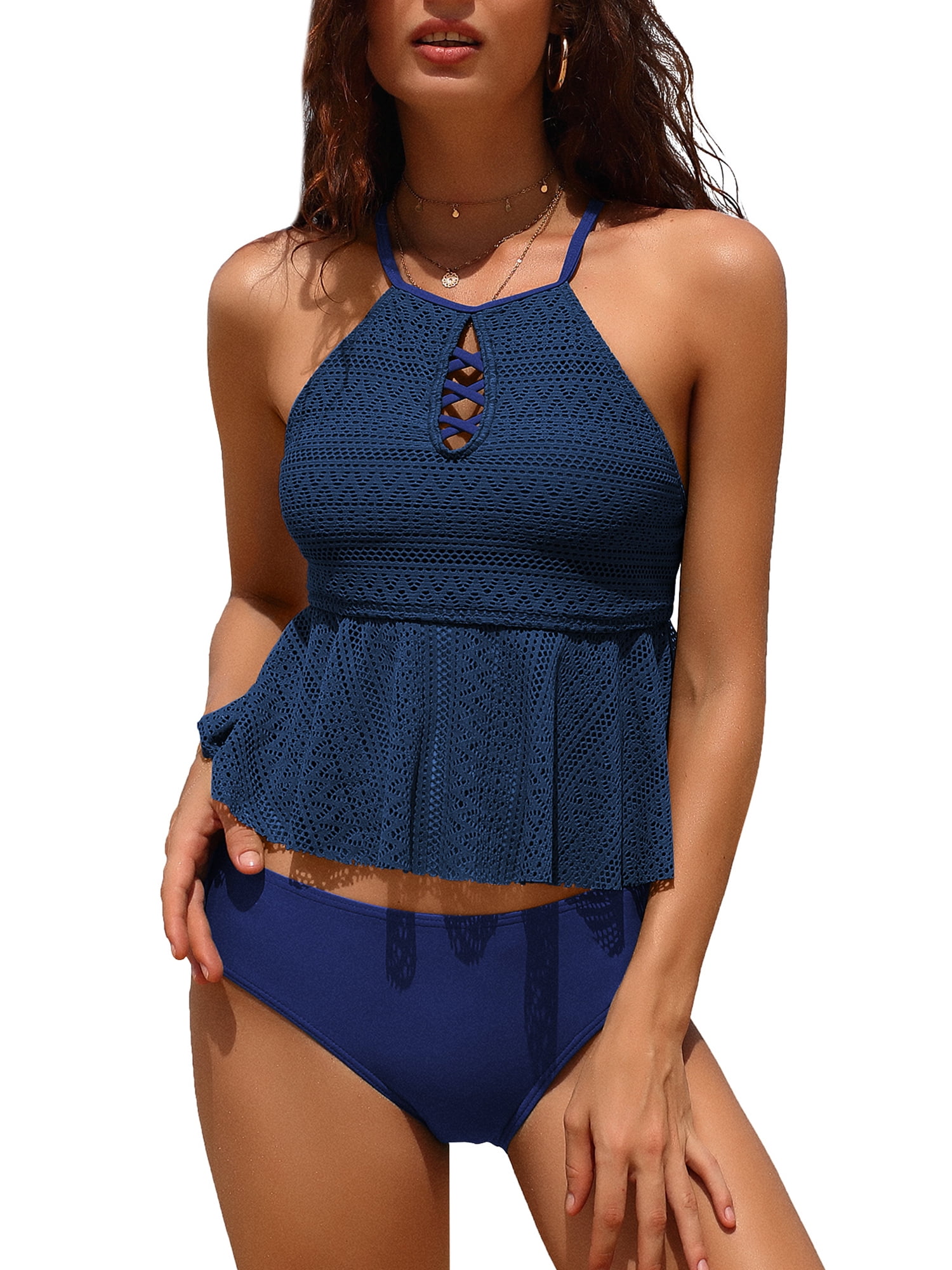Women Halter Two Piece Swimwear Mesh Tankinis Bikini Set Swimsuits