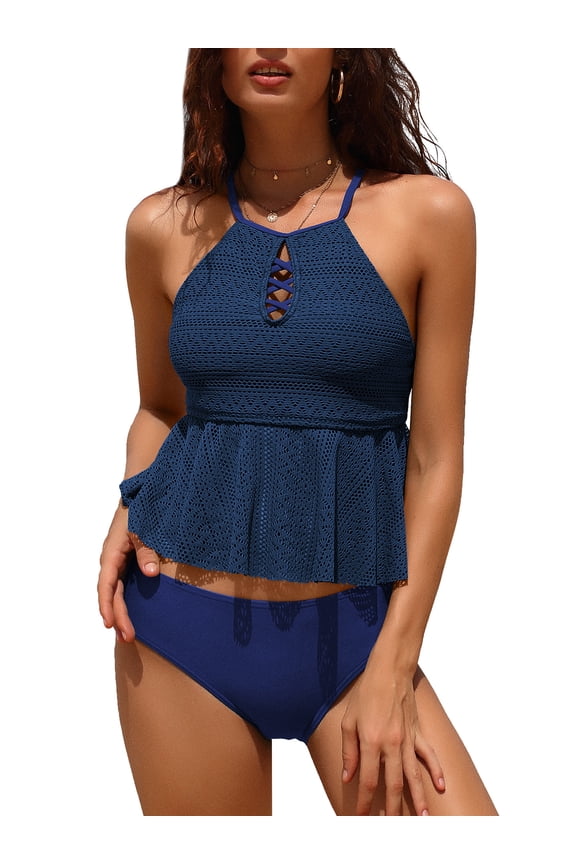 Women Halter Two Piece Swimwear Mesh Tankinis Bikini Set Swimsuits