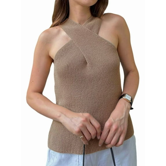 Women Halter - over Collar Tank Knit Sleeveless Top Solid Color Casual Summer Blouse Khaki XL