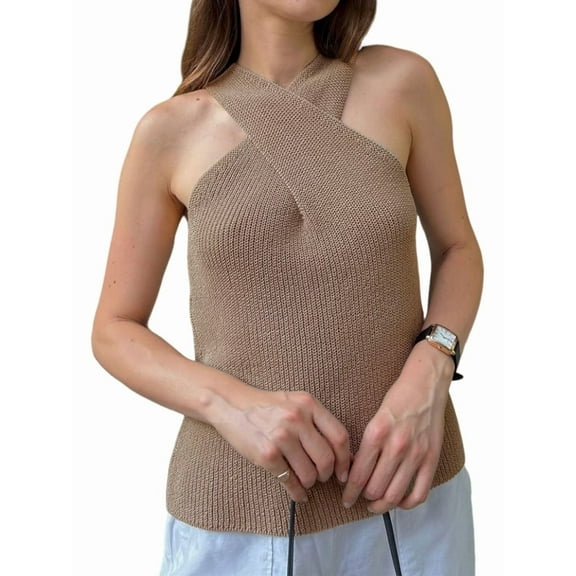 Women Halter - over Collar Tank Knit Sleeveless Top Solid Color Casual Summer Blouse Khaki XXL