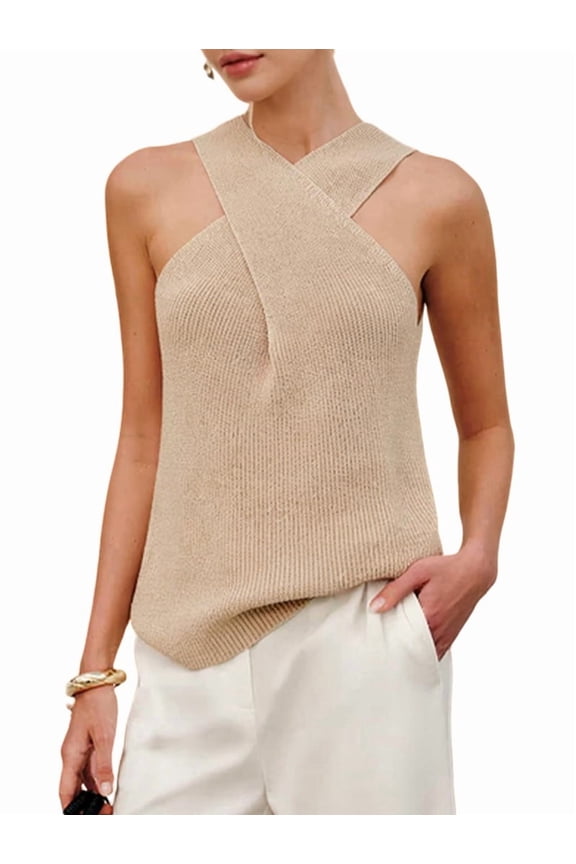 Women Halter - over Collar Tank Knit Sleeveless Top Solid Color Casual Summer Blouse  XXXL
