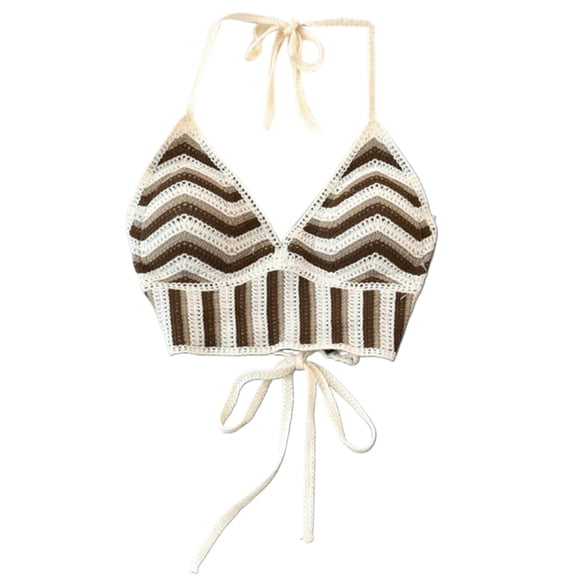 Women Halterneck Backless Beach Crop Top Camisole Bras Bohemian Hollow Crochet Knitted Colorful Striped Bustiers Vests