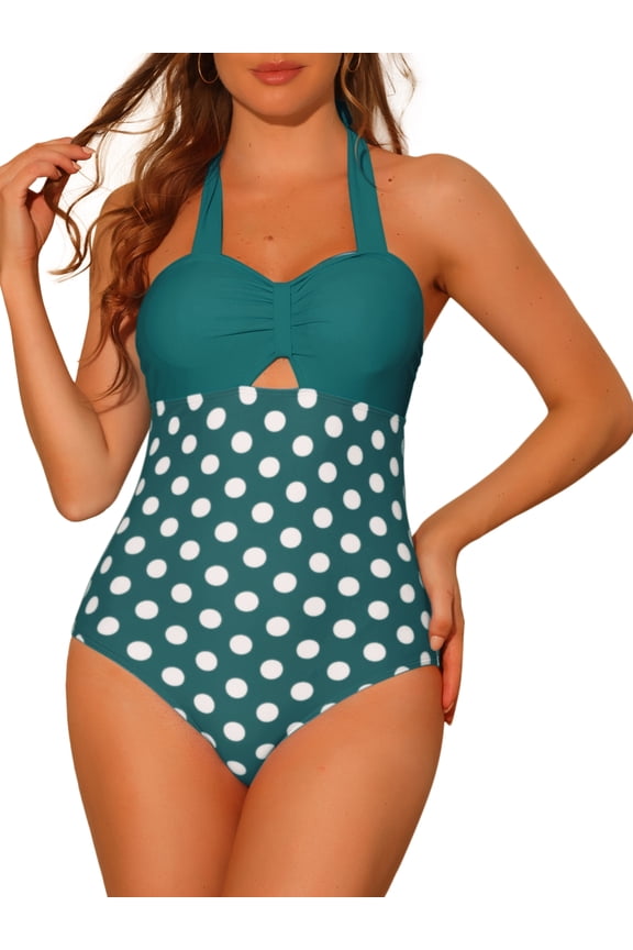 Women's Halterneck Polka Dot Monokini 1 Piece Tummy Control Cut Out String Swimsuit Bathing Suits Large Dark Green