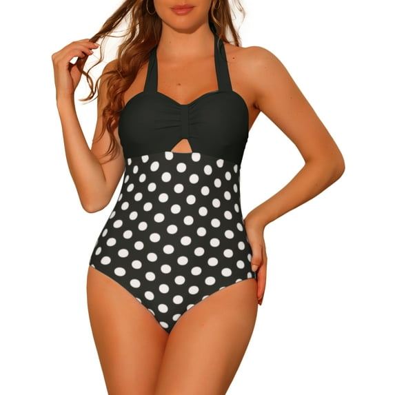 Women's Halterneck Polka Dot Monokini, 1 Piece Tummy Control Cut Out String Swimsuit Bathing Suits X-Small Black