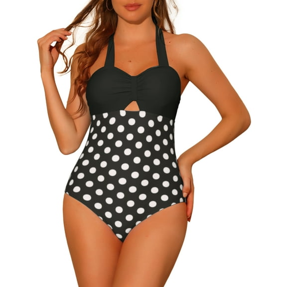 Women's Halterneck Polka Dot Monokini, 1 Piece Tummy Control Cut Out String Swimsuit Bathing Suits X-Small Black