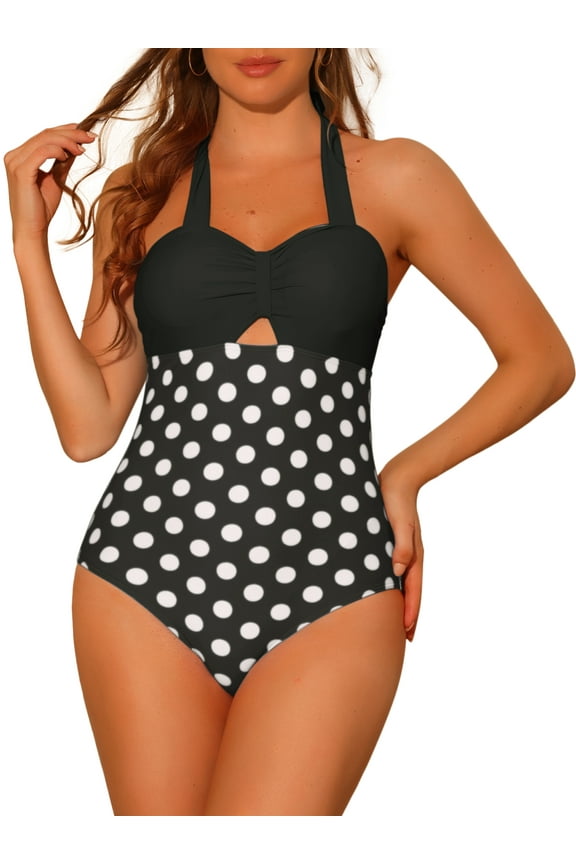 Women's Halterneck Polka Dot Monokini, 1 Piece Tummy Control Cut Out String Swimsuit Bathing Suits Small Black