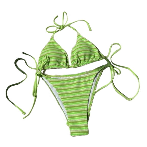 Women Halterneck Swimsuit Two Pieces Bathing Suit Includes Halterneck Top and Side Tie Briefs, Striped Swimming Costume