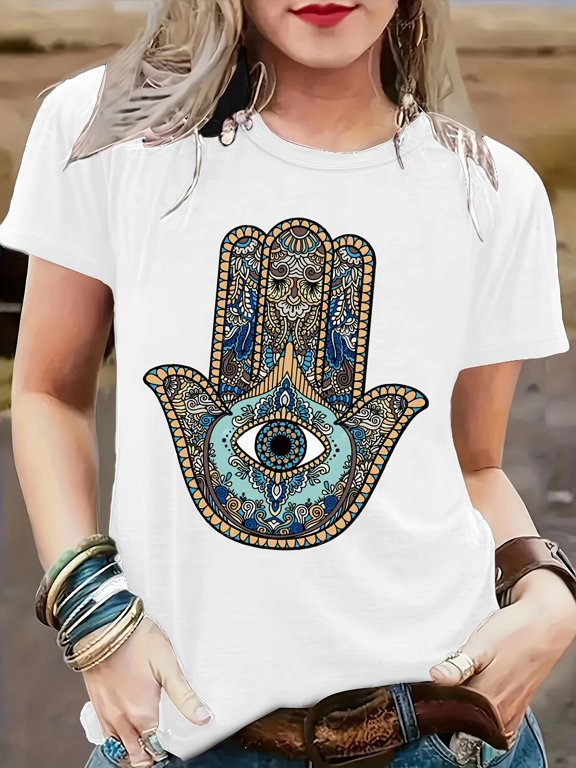 Women Hamsa Hand Evil Eye Mandala Graphic T‑Shirt, Bohemian Ethnic Pattern Crew Neck Short‑Sleeve Casual Boho Tee Top for Spring Autumn