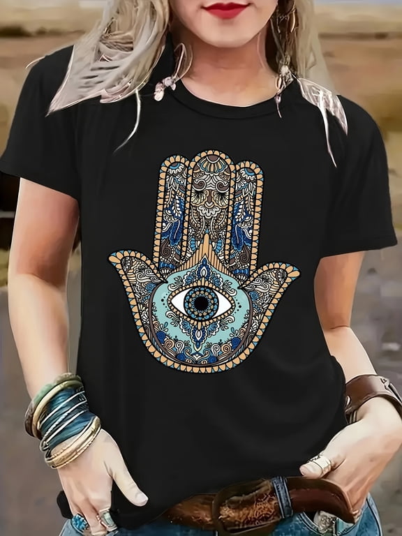 Women Hamsa Hand Evil Eye Mandala Graphic T‑Shirt, Bohemian Ethnic Pattern Crew Neck Short‑Sleeve Casual Boho Tee Top for Spring Autumn