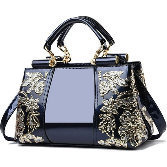 Women Patent Leather Fashion Handbags Double Sided Sequin Embroidery Shoulder Bag Top Handle Satchel Purse