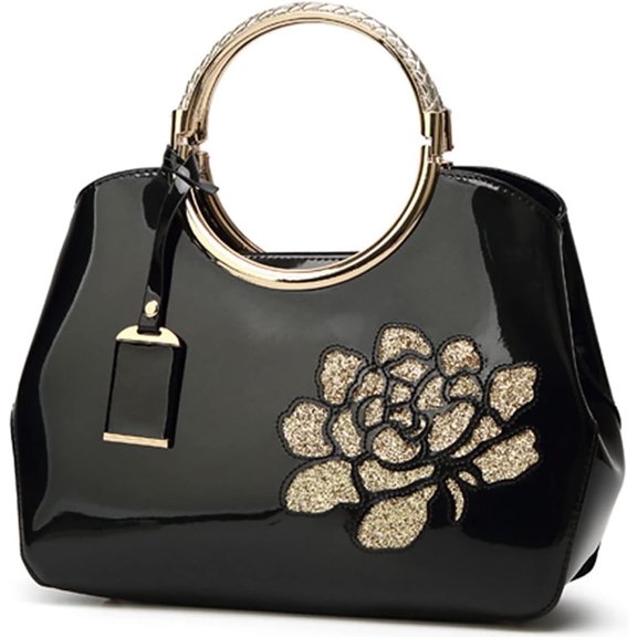 Women Handbag Patent Leather Flower Pattern Satchel Charm Glossy Purse Metal Grip Structured Shoulder Bag