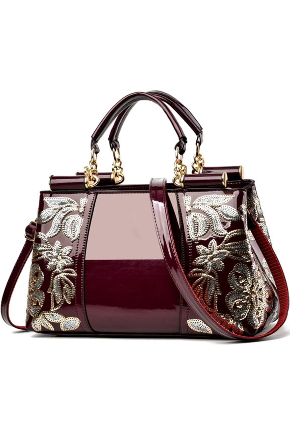 Women Patent Leather Fashion Handbags Double Sided Sequin Embroidery Shoulder Bag Top Handle Satchel Purse