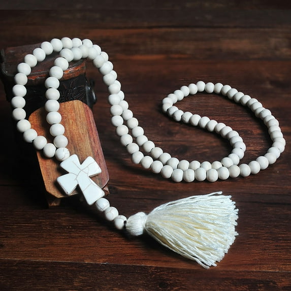 Women Handmade White Wood Beaded Tassel Cross Sweater Accessories Long Necklace
