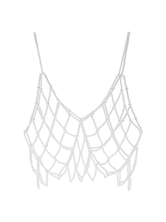 Women Handmade Woven Body Chain Camisole Imitation Pearl Crystal Beaded Vest Hollow Out Mesh Tank Top Body Jewelry Festival Clubwear