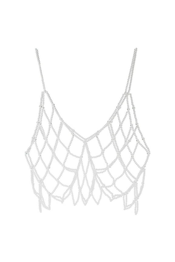 Women Handmade Woven Body Chain Camisole Imitation Pearl Crystal Beaded Vest Hollow Out Mesh Tank Top Body Jewelry Festival Clubwear