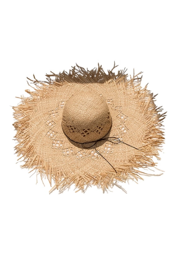 Women Handmade Woven Raffia Straw for Sun Hat Big Wide Brim Floppy Fringe Tassels Sunscreen Hollow Out Bucket Panama Beach Cap