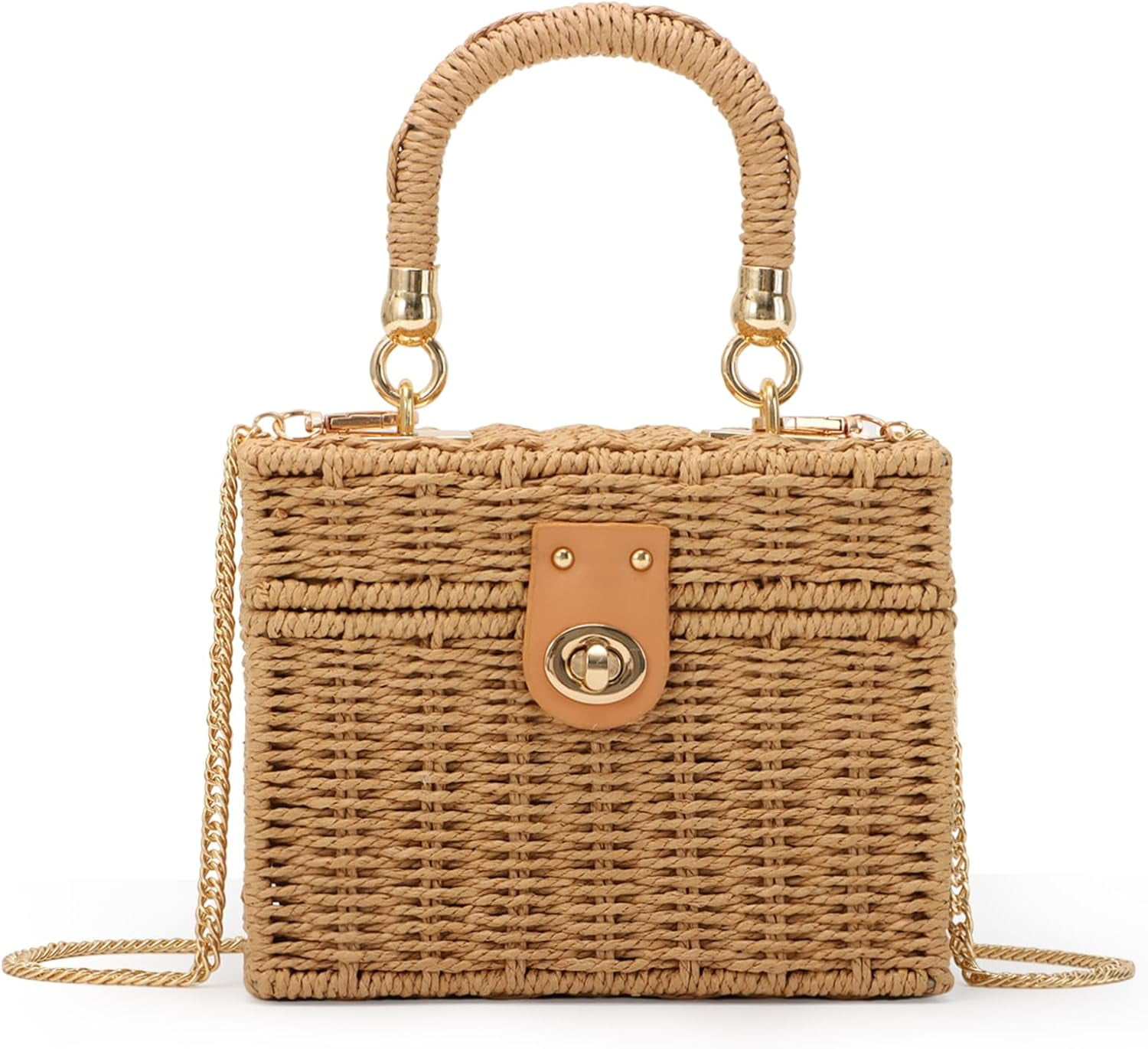 Women Handwoven Rattan Handbag Beach Straw Tote Bag Square Boho Crossbody Bag