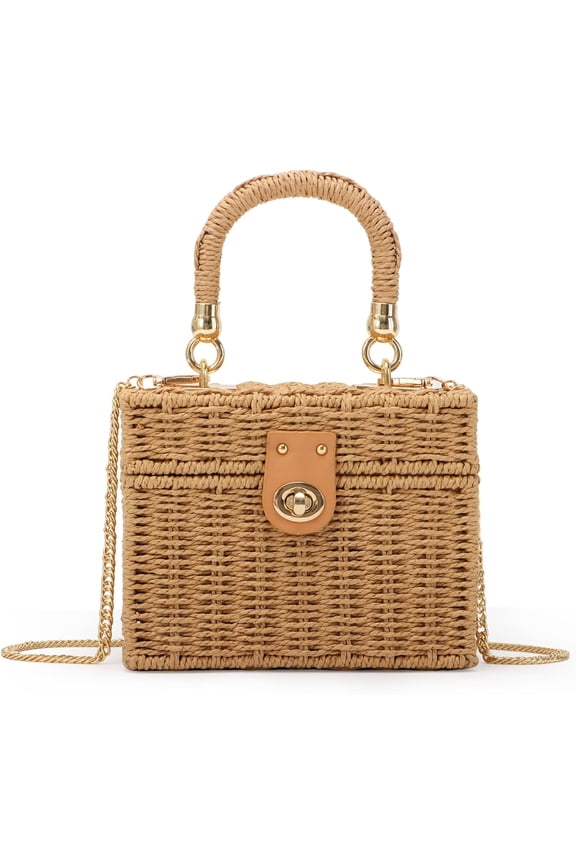 Women Handwoven Rattan Handbag Beach Straw Tote Bag Square Boho Crossbody Bag